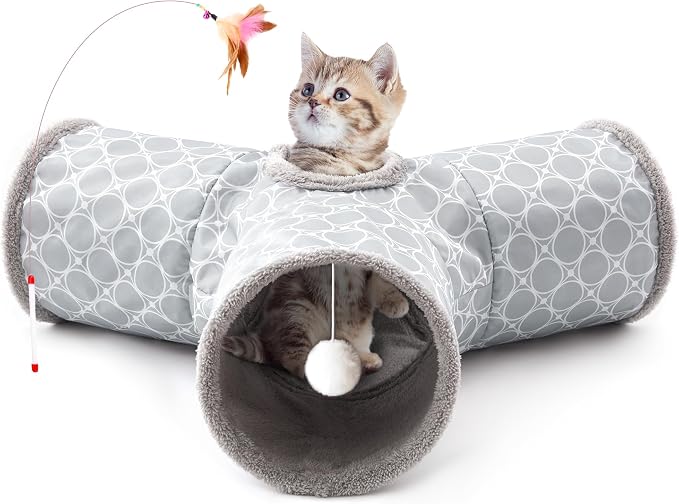 Tempcore Fleece-Lined Cat Tunnel, 3-Way Collapsible Toy, Geometry Grey