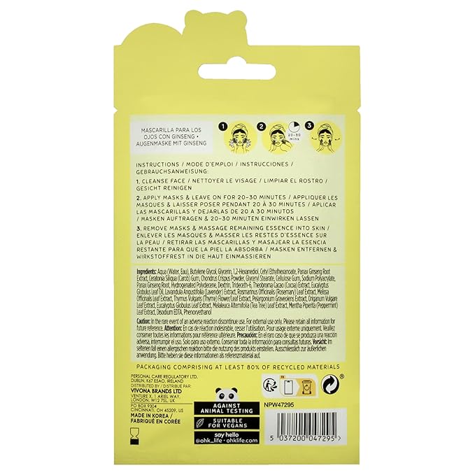 Oh K! Eye Mask - Ginseng and Eucalyptus - Hydrating Under Eye Patches - Undereye Patches with Peppermint - Hydrogel Mask for Dark Circles - 1 Pair