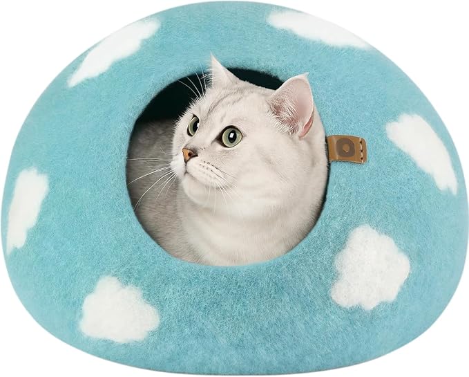 Cat Cave - Merino Wool Bed for Indoor Cats (Cloud Nap Blue, Medium) | Cat Bed Enclosure, Premium Felt, Handmade, Super Soft, Lightweight, Breathable, Adjustable Shape