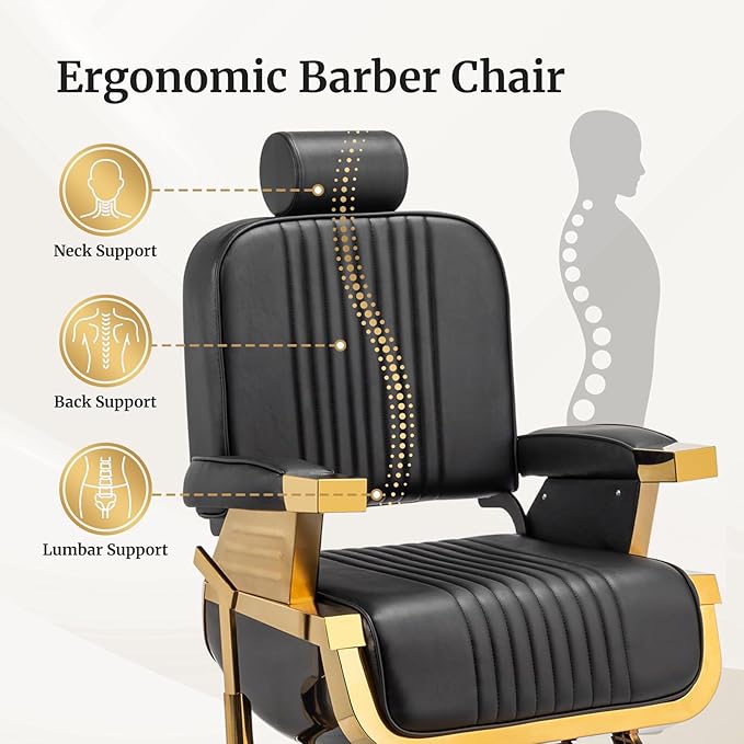 Winado Heavy Duty Vintage Barber Chair, Hydraulic Reclining Salon Chairs for Hair Stylist with Footrest & Headrest, 360° Swivel All Purpose Chair Salon Beauty Spa Shampoo Equipment, Black & Gold