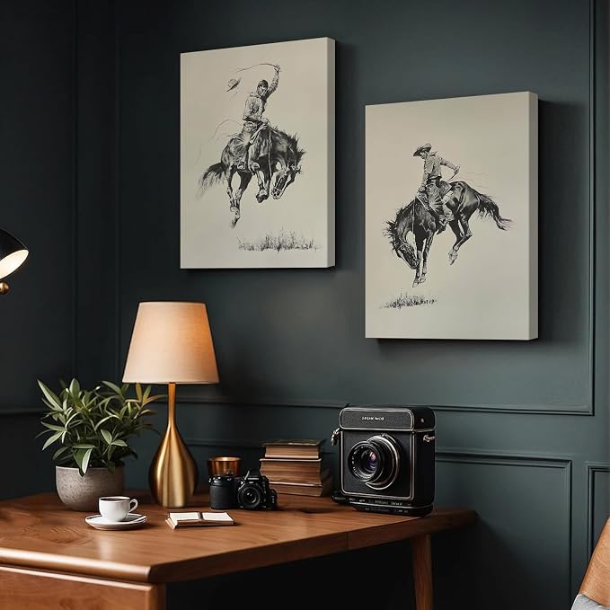Western Cowboy Wall Art Decor Vintage Farmhouse Prints Western Cowboy Canvas Poster Retro Southwestern Wall Art Antique West Pictures Vintage Painting for Bathroom Bedroom 16x24x2 Inch Ready to Hang
