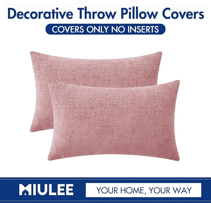 MIULEE Soft Chenille Lumbar Throw Pillow Covers Blush Pink 12x20 Pack of 2 | Modern Home Decor, Classic Decorative Pillows, Solid Dyed Cases, Boho Couch Cushion Covers for Sofa Bed Living Room