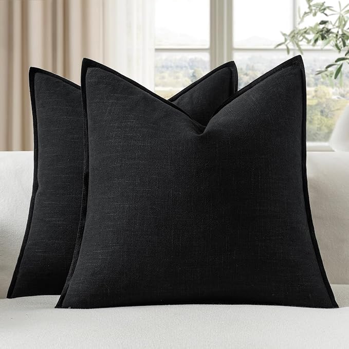 EMEMA Decorative Linen Throw Pillow Covers 20x20 Inch Black | Boho Farmhouse Neutral Couch Throw Pillows for Bed Pack of 2 Accent Pillowcase Modern Sofa Cushion Livingroom Home Decor