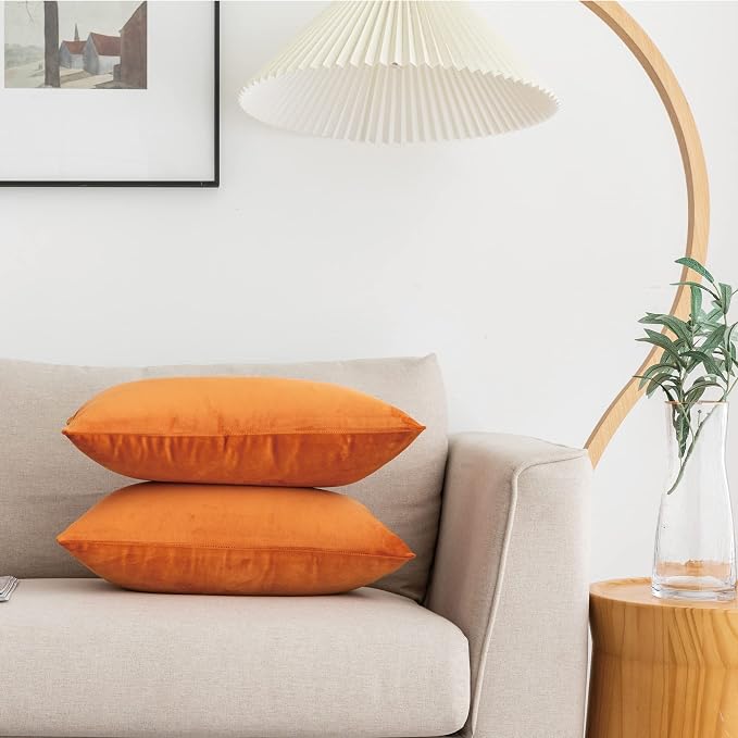 NiNi ALL Orange Velvet Throw Pillow Covers 12x20 Pack of 2 Decorative Couch | Soft Solid Cushion Squar Pillow Cases for Chair Sofa Bedroom Farmhouse Living room Modern Luxury Home Decor Fall Halloween