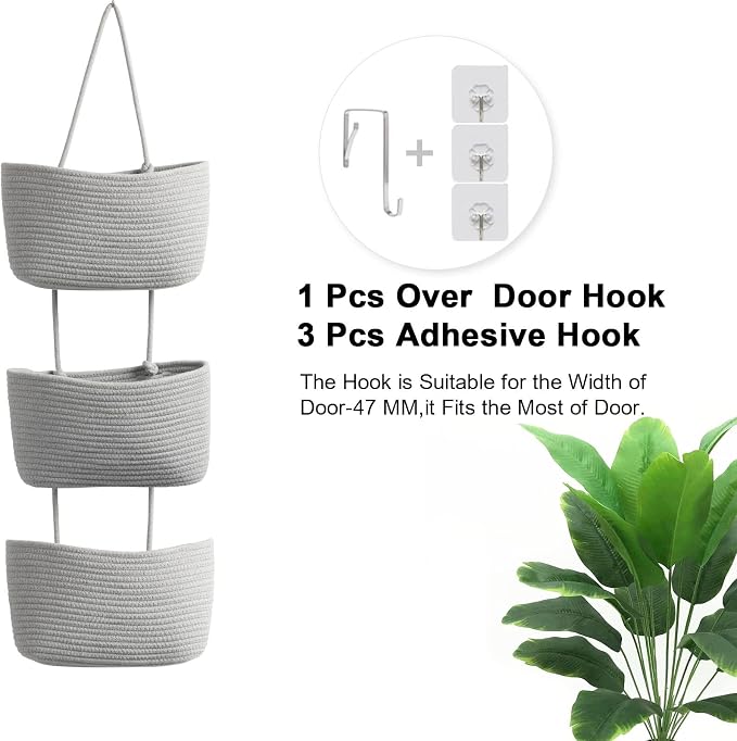 TeoKJ Over the Door Hanging Basket, 3-Tier Woven Cotton Wall-Mounted Storage Organizer Bag Decorative Hanging Nursery Baskets, Gray