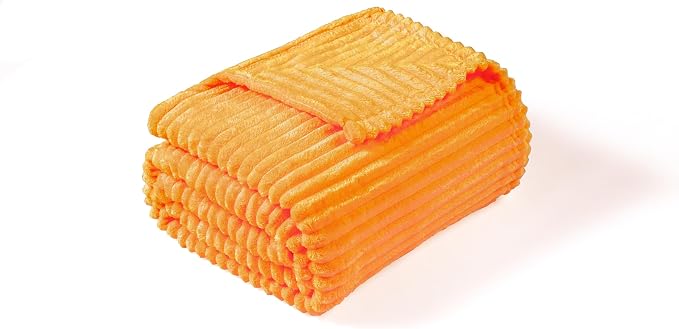 Vessia Flannel Fleece Queen Size Blanket for Bed,Couch,Sofa(90x90inch), 300GSM Microfiber Orange Striped Bed Blanket for Adults, Super Soft Warm Cozy Lightweight Ribbed Decor for All-Season