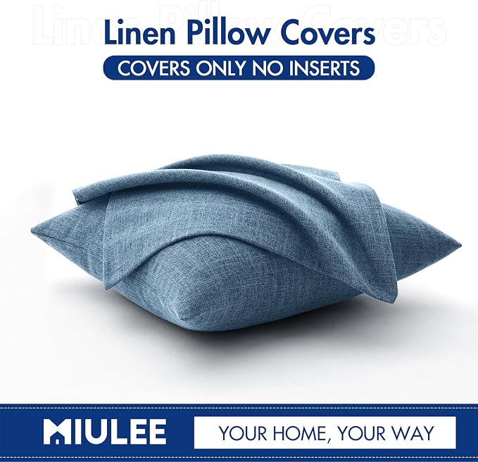 MIULEE Pack of 2 Decorative Linen Burlap Pillow Covers Farmhouse Boho Accent Pillowcases Modern Home Decor for Sofa Couch Bedroom Living Room 22x22 Inch Steel Blue