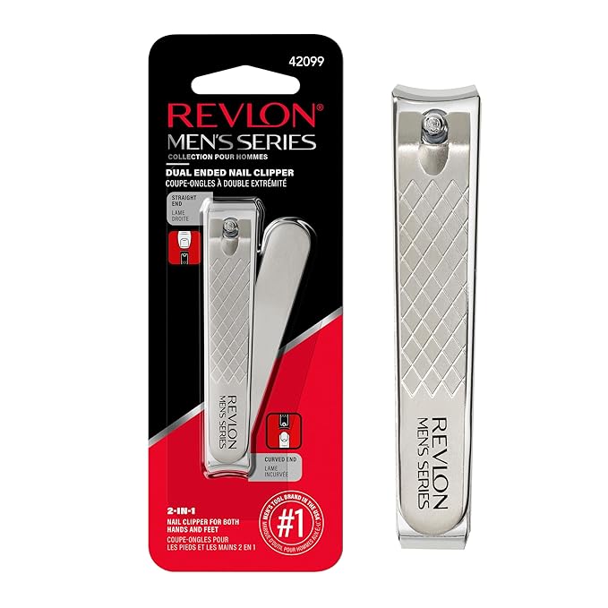 Revlon Dual-Ended Nail Clipper for Men, Straight and Curved Edges, for Fingernail and Toenail Trimming, Stainless Steel, 1 Count
