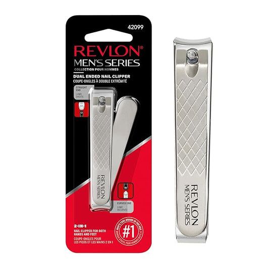 Revlon Dual-Ended Nail Clipper for Men, Straight and Curved Edges, for Fingernail and Toenail Trimming, Stainless Steel, 1 Count