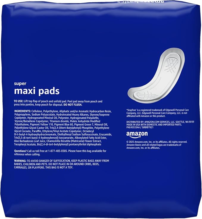 Amazon Basics Maxi Pads For Periods- Thick, Super Absorbency, Unscented, 48 Count, 1 Pack