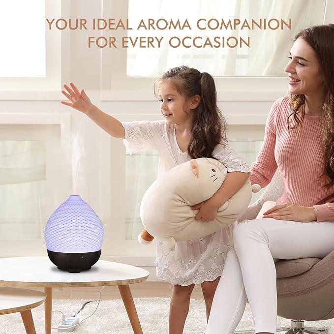 Essential Oils Diffuser Ceramic 250ml - Ultrasonic Aromatherapy Diffuser 3D Printing Dome, Cool Mist Air Freshener with 2 Mist Modes 7 Colors LED Lights, Auto Shut-Off Protection for Home Office Decor