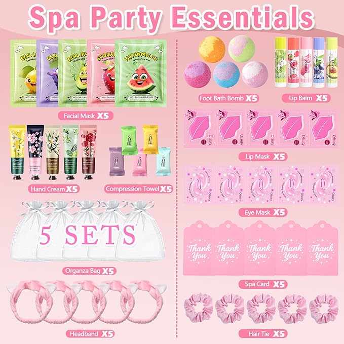 55PCS Spa Party Supplies for Girls,Spa Birthday Party Face Masks Skincare,Under Eye Patches, Lip Mask, Foot Bath Bombs Spa Kit, Bulk Gifts for Women, Mothers Day, Teacher Appreciation Gifts