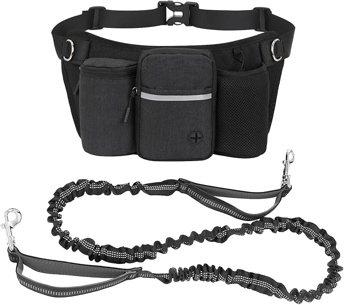 Hands Free Dog Leash Waist Pack with Bungee & Treat Pouch Oxford Water-Resistant Multi-Pocket Belt for Walking Hiking Jogging and Dog Walking (Black)