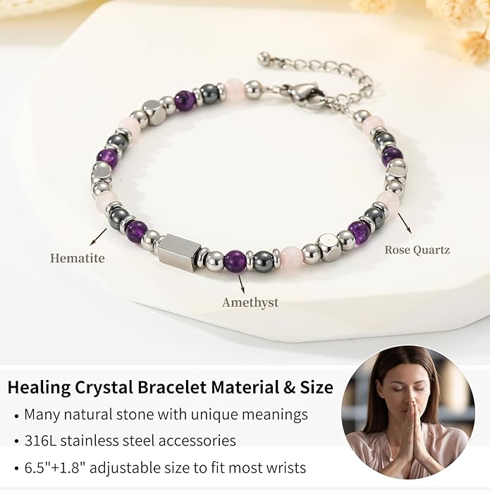 Natural Healing Crystal Bracelet for Women, Triple Protection Anxiety Relief New Beginnings Good Luck Empath Protection Jewelry Gift for Friends Daughter Mom 6.5+1.8 Inches