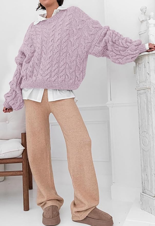 PRETTYGARDEN Womens Sweaters Spring 2026 Cable Knit Long Sleeve Crewneck Oversized Sweater Chunky Pullover Loose Outfits