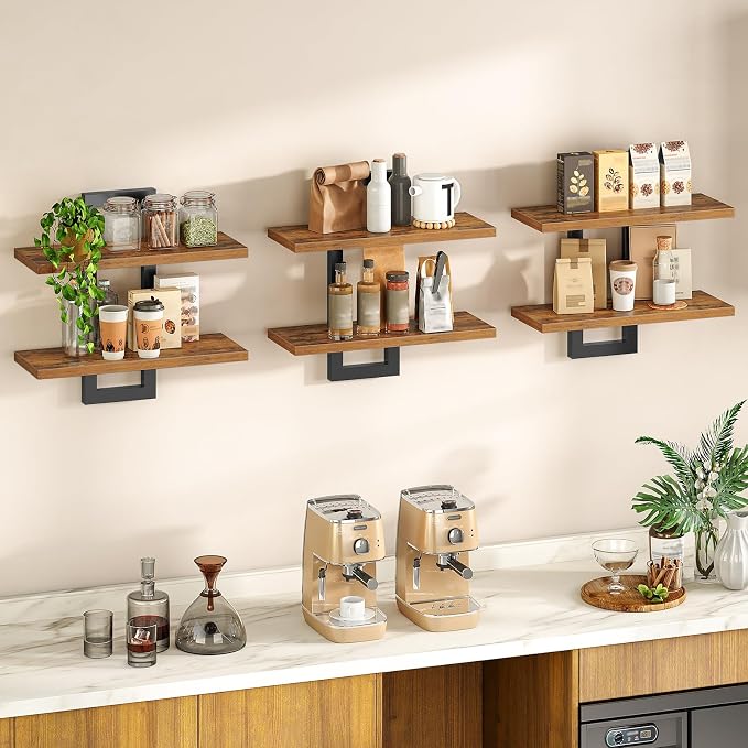 HOOBRO Floating Shelves, 15 Inch Wall Shelf Set of 3, Wall Mounted Storage Shelves 2-Tier, Hanging Bathroom Shelves, for Living Room, Bedroom, Bathroom, Kitchen, Rustic Brown and Black BF32BJP301