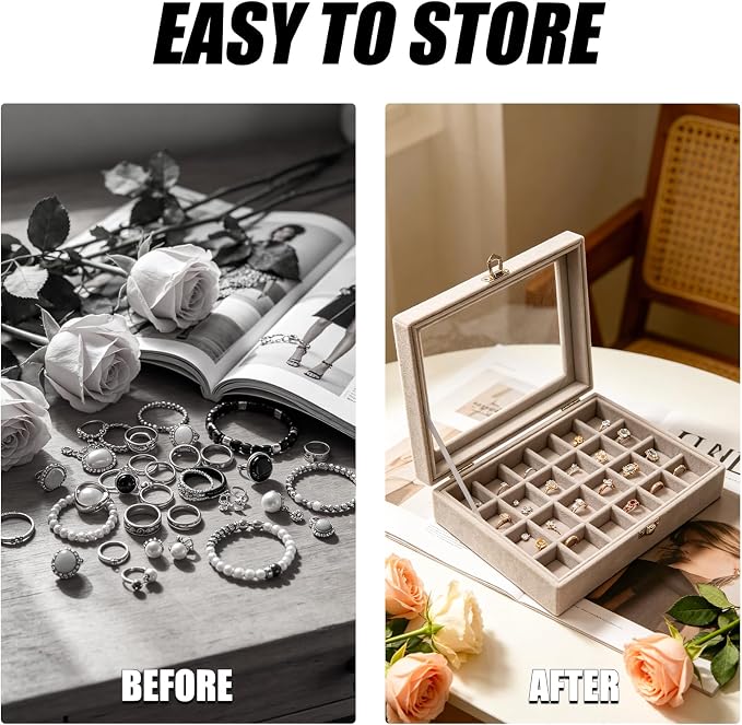 Small Velvet Jewelry Tray with Clear Lid, 24 Grids Gray | Lockable Ring Earring Holder Organizer Storage Box Case Jewelry Box Organizer for Rings Earrings Bracelets Brooches