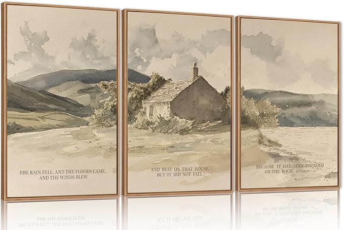 FWIEXA Nature Christian Bible Verse Framed Canvas Wall Art Set, Floods Mountain Houses Jesus Wall Decor, Vintage Easter Artwork, Inspirational Quotes Art Prints for Prayer, Bedroom - Size 24"x36"x3