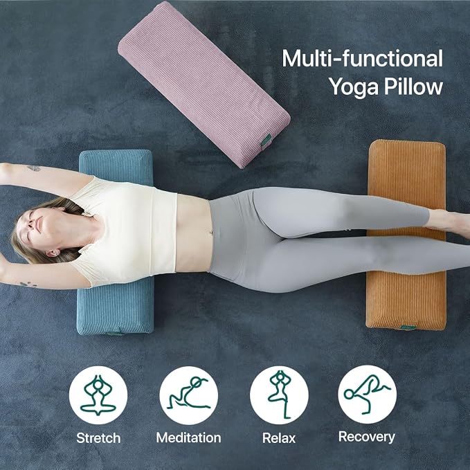 Yoga Bolster Pillow for Meditation and Support - Rectangular Foam Cushion with Removable Corduroy Cover, Machine Washable Suede-like Pillowcase & Convenient Carry Handles for Men Women Purple