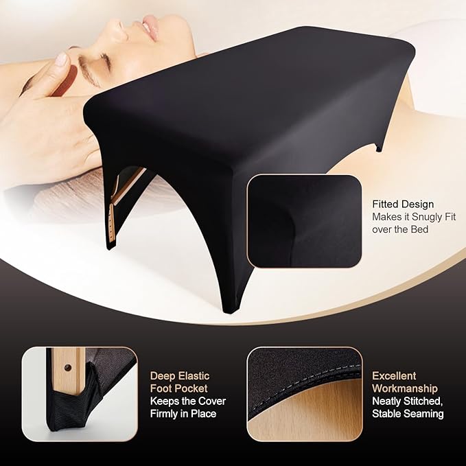 2-Piece Spa Bed Cover Professional Lash Bed Cover Stretchy Massage Table Cover Beauty Bed Protective Topper, Excellent for Lash Extension, Spa, Massage, Beauty Salon, Wax, Tattoo (Black)