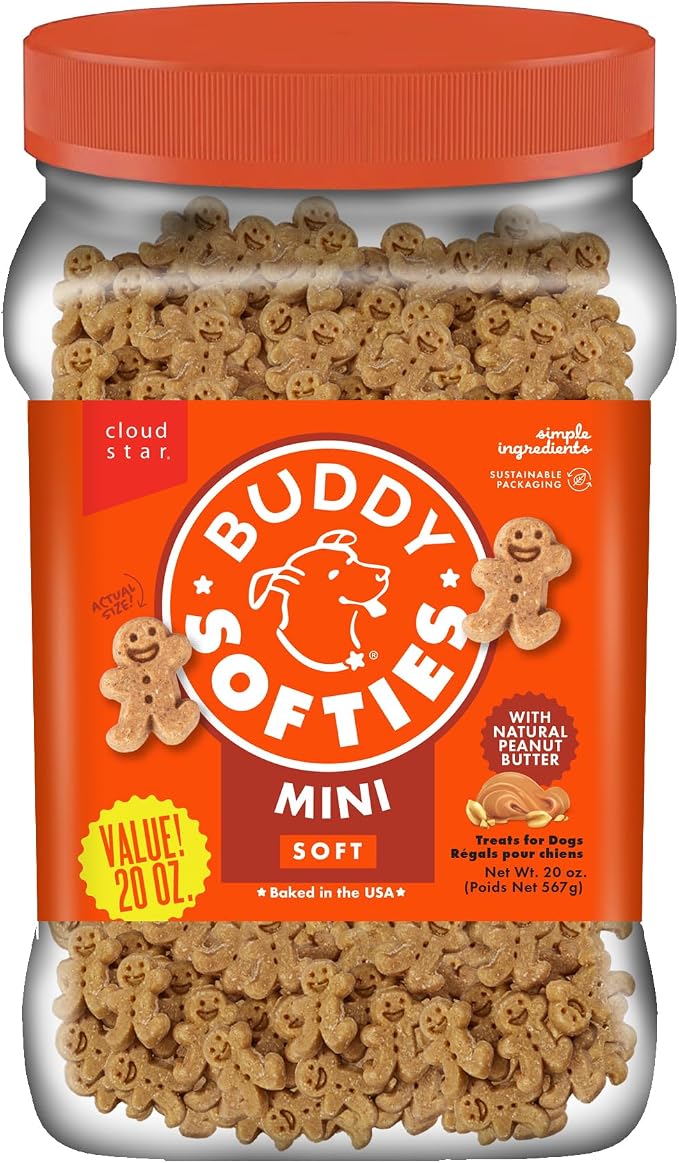 Buddy Softies Soft & Chewy Dog Treats Peanut Butter 20 oz. Jar | All Life Stages, Gingerkid Shape, Minimally Processed, Free of Corn, Soy, Artificial Flavors, Colors and Preservatives