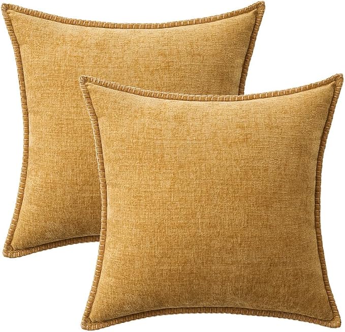 MIULEE Decorative Couch Throw Pillow Covers 20x20 Inch Gold 2 Pack | Mustard Yellow, Farmhouse Pillow Covers with Stitched Edge, Soft Chenille Cushion Cases, for Sofa Bed Living Room Home Decor