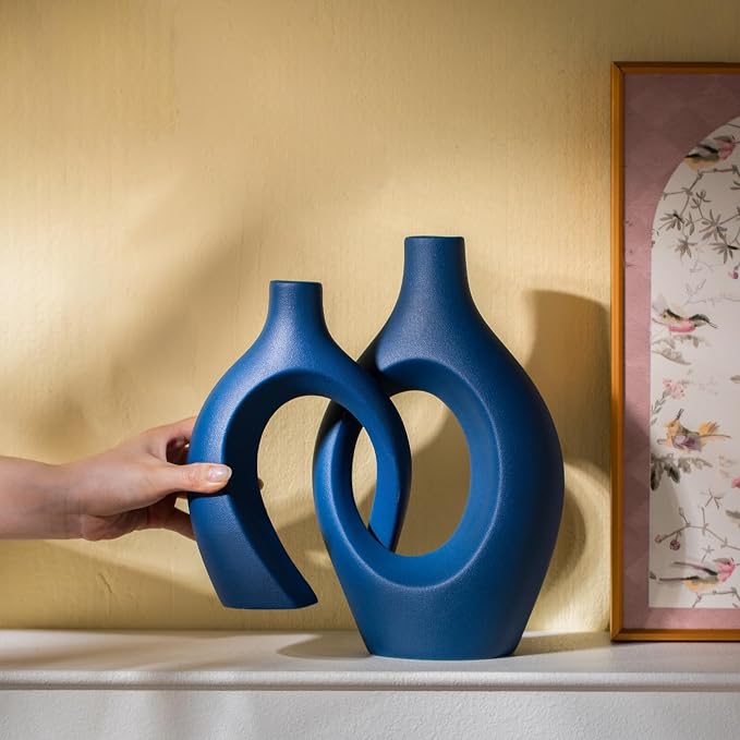 Snuggle Hollow Ceramic Vase Set of 2, 11 inch Modern Nordic Coastal Shaped Pampas Grass Aesthetic Decorative Table Vases for Living Room Shelf Home Decor (Matte Navy Blue -L)