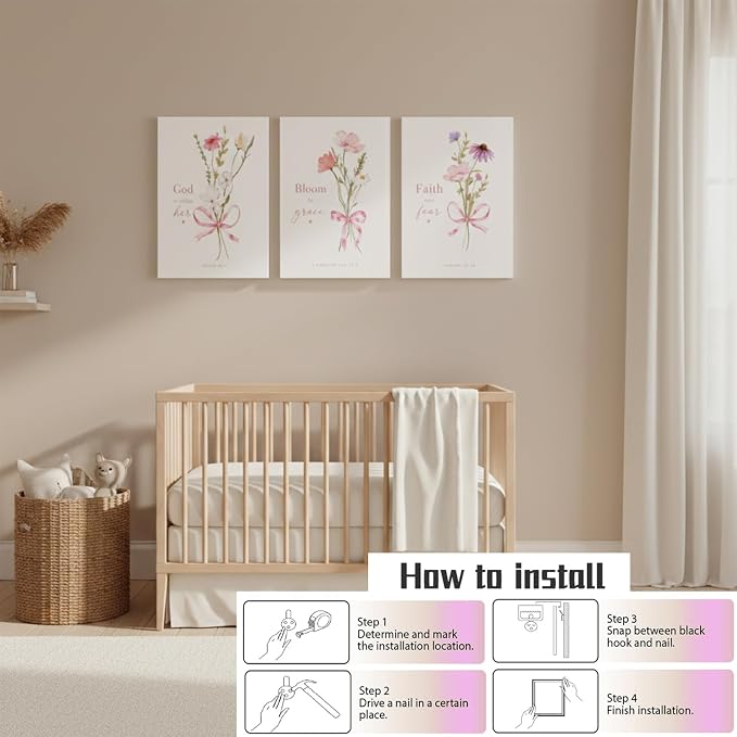 Baby Girl Nursery Wall Art Set of 3 Pink Bow Floral Canvas Prints, Christian Bible Verse Nursery Decor, Cute Flower Posters Pictures with Scripture for Girls Room Bedroom Framed 16x24 Inch