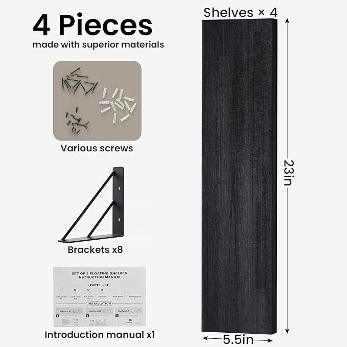 BAYKA Wall Mounted Floating Shelves, Wood Floating Wall Shelf for Books & Decor, Small Space-Saving Display & Organizer（Black，23in，Set of 4）