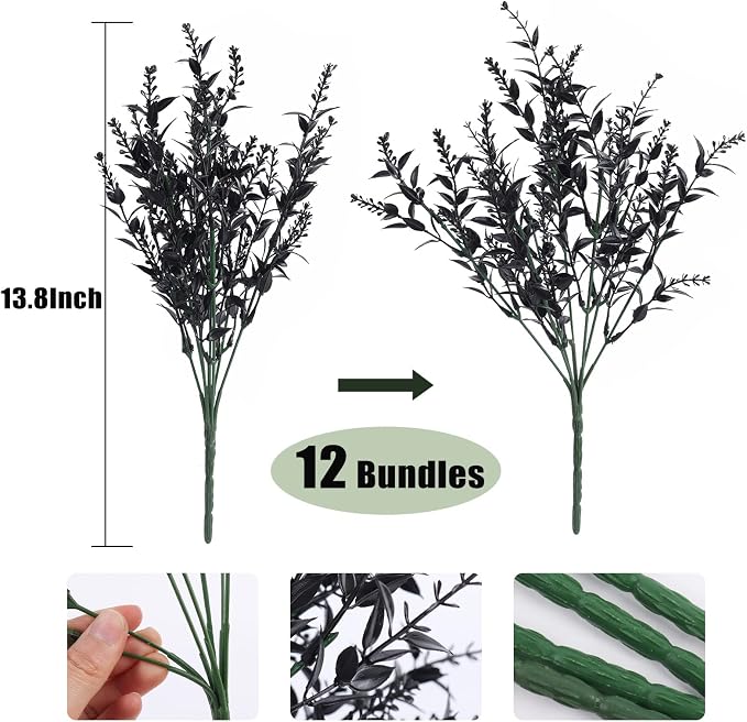 RECUTMS 12 Bundles Artificial Black Flowers Outdoor UV Resistant Outdoors | Fall Halloween Decor,Fake Black Plants Faux Plastic Flowers in Bulk for Hanging Planters Outside Porch Vase Home Window Decor