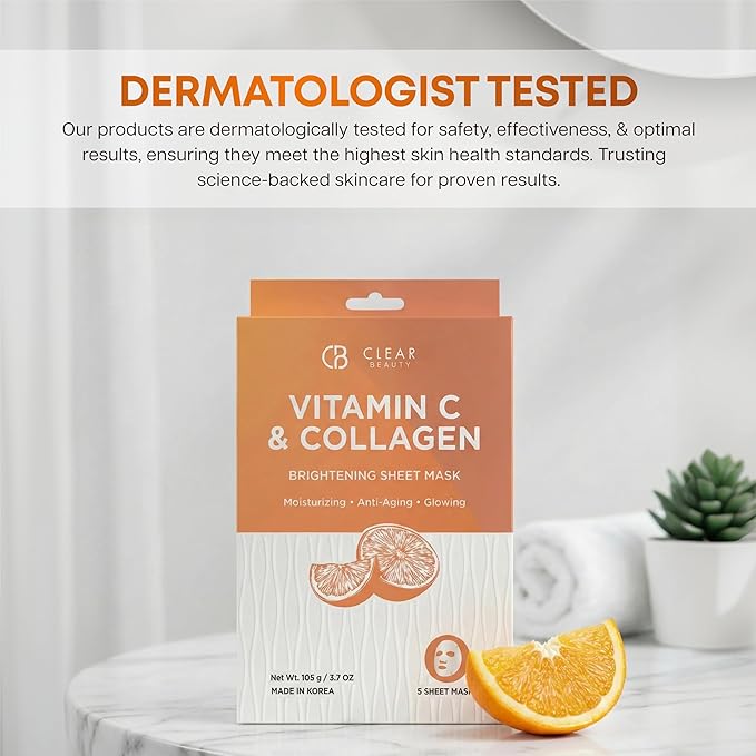 Clear Beauty Vitamin C & Collagen Face Mask – Hydrating & Firming Sheet Masks For Dry, Dull, Aging Skin – Dermatologist Tested, Anti-Aging, Korean Skin Care – Cruelty-Free Clean Beauty – 5 Count