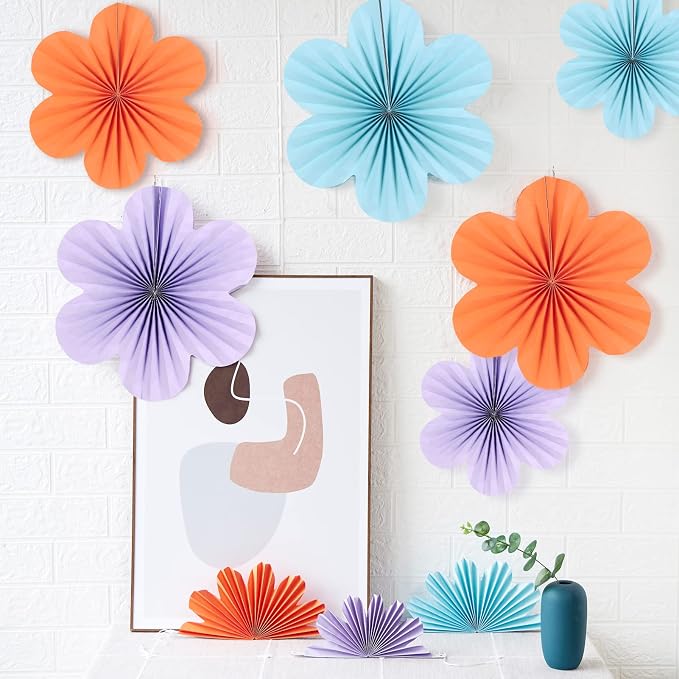SUNBEAUTY 9 Pcs Paper Flowers Decorations for Wall, Blue and Orange for Wall Paper Flower Fan Classroom Decoration Paper Floral Backdrop Decor Paper Fans Decoration Hanging Paper Flower Wall Decor