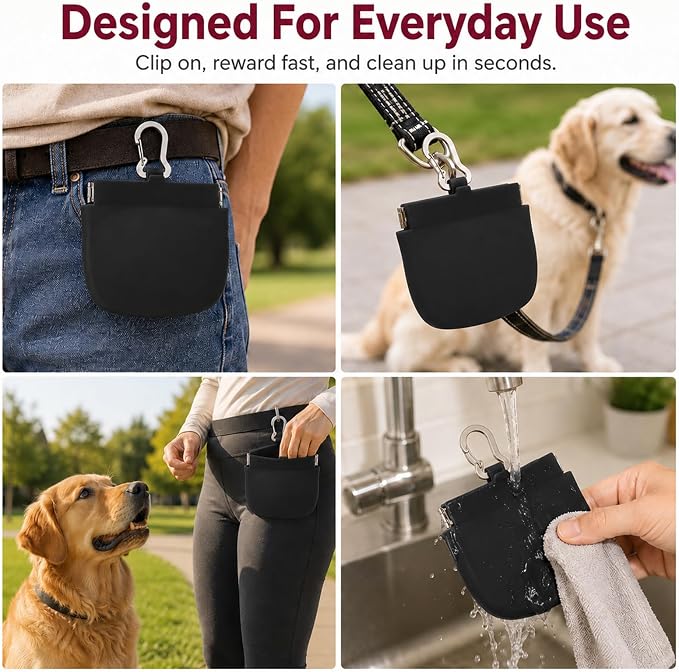 Silicone Dog Treat Pouch for Pet Training One-Hand Access One Cup Silicone Treat Bag with Pull Tab and Auto Closing Lid Treat Pouches for Leash(Color: Black)