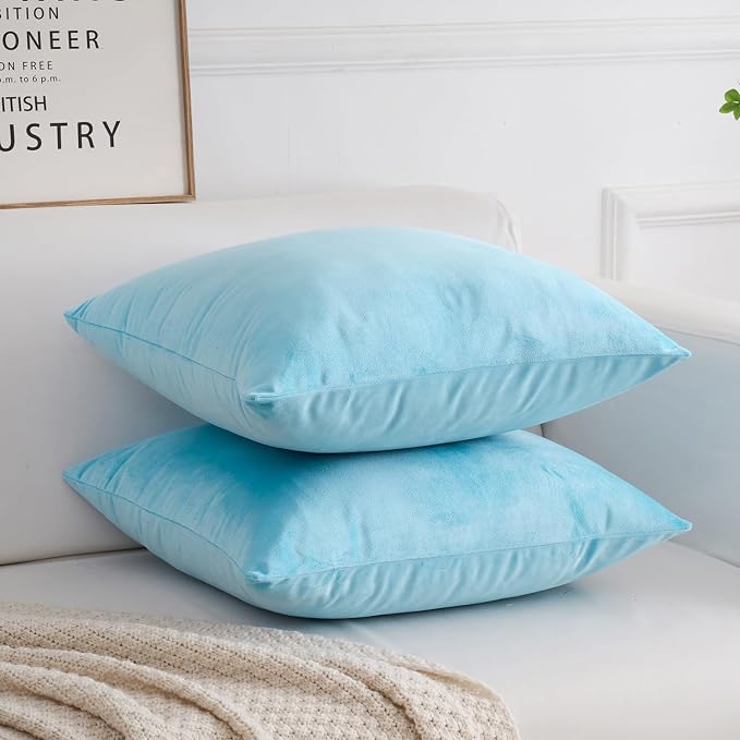 Velvet Decorative Throw Pillow Covers, Soft Square Cushion Case Home Decor for Living Room Couch Bed Sofa, Set of 2 Pack, Light Blue, 16x16 Inch