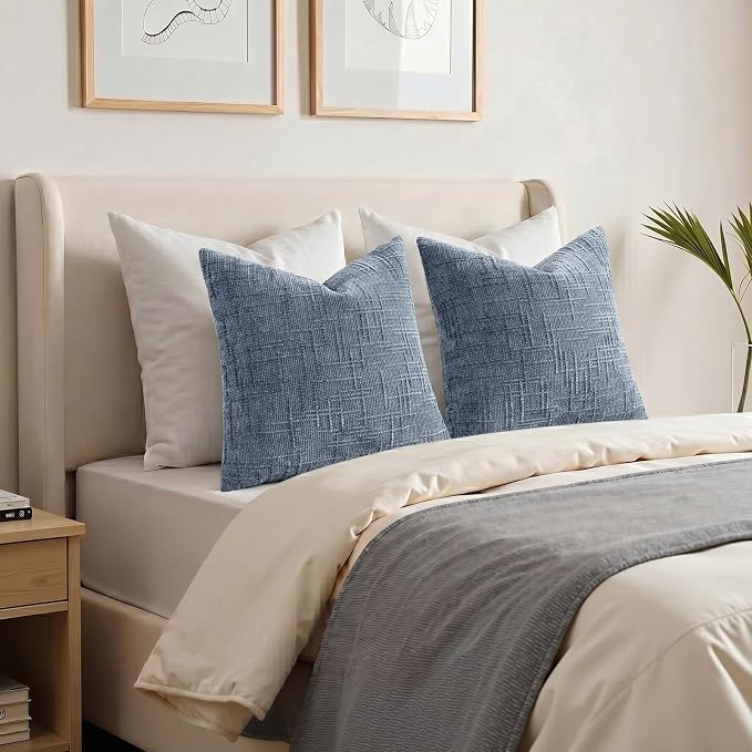decorUhome Textured Chenille Throw Pillow Covers 26x26 Set of 2 Grey Blue | Fall Modern Farmhouse Soft Cozy Slubby Couch Pillow Cases Boho Decorative Pillow Cases for Bed Sofa Living Room Home Decor