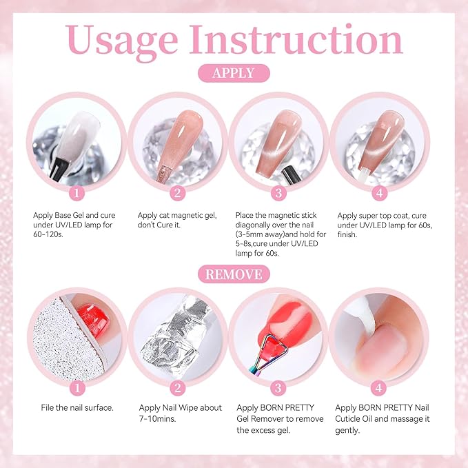 Born Pretty Pink Cat Magnetic Eye Gel Nail Polish 15ML,Jelly Glass Peach Pink Crystal Glitter Shimmer Translucent Magnetic Gel Polish with Magnet,Soak Off U V Gels for Women Girl