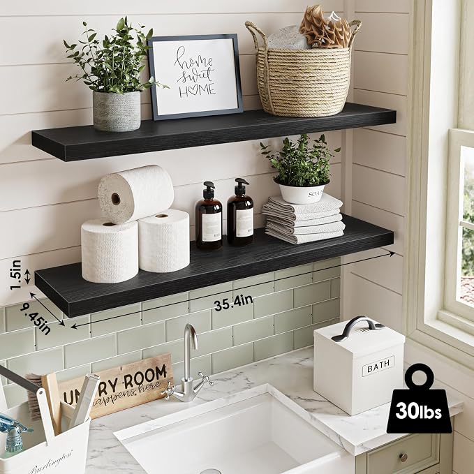 Fixwal Floating Wall Shelves for Decor (Black, Set of 2, 35.4Inch) | MDF Shelf with Metal Brackets, Space Saving for Books , Decor, Fits Bathroom, Kitchen, Bedroom, or Office