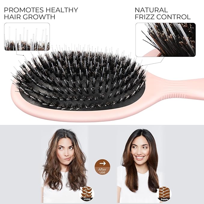 Eagle Fortress Boar Bristle Hair Brush for Women, Detangler Brush for Wet, Dry & Damaged Hair with Long Pins for Thick & Long Hair - Pink