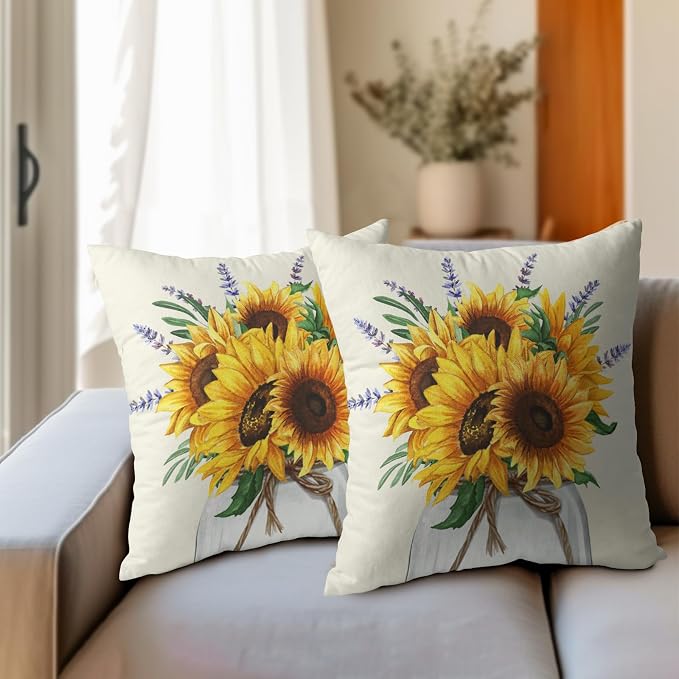 Kawani Yellow Sunflowers Throw Pillow Covers 18x18 Inch Set of 2 Nature Floral Plant Mason Jar Farmhouse Pillowcase Cotton Linen Square Cushion Case for Couch Sofa Home Outdoor Decor