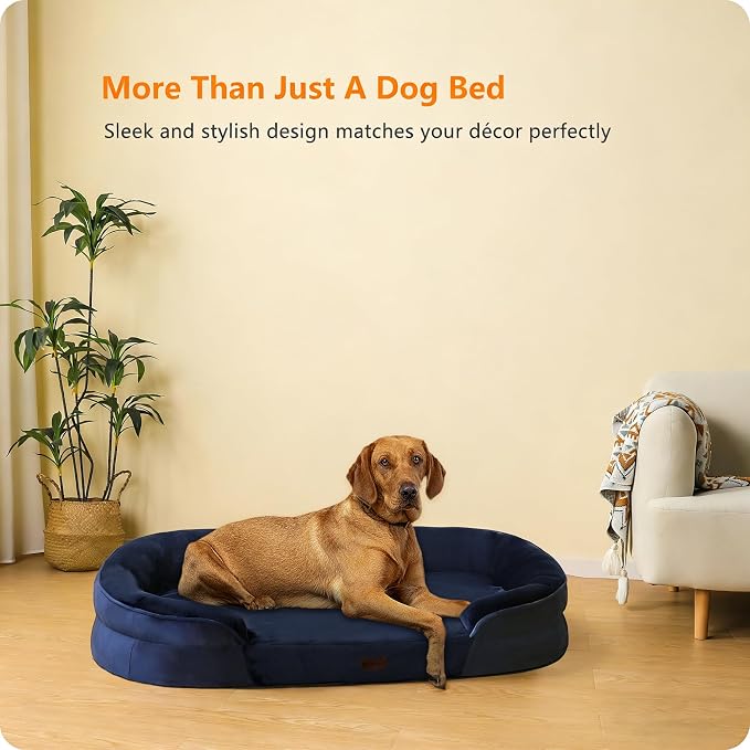 Dwanton Orthopedic Waterproof X-Large Dog Bed Sofa, Gel Memory Foam, 45" | Egg-Crate Foam Dog Sofa, Washable Pet Bed with Four Sided Bolster Cushion, Removable Cover & Non-Slip Bottom, Navy Blue