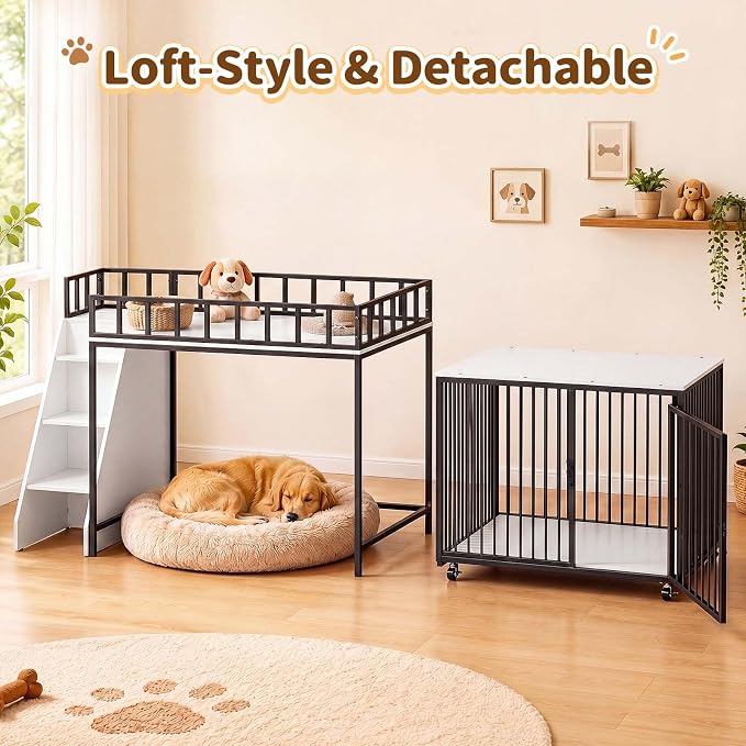 37" Dog Crate Furniture, Wooden Dog Kennel Indoor with Storage (White) | Heavy Duty Pet Cage Indoor for Small & Medium Dogs, Dog Kennel with Storage Shelf, 4 Lockable Wheels and Stairs, Loft-Style