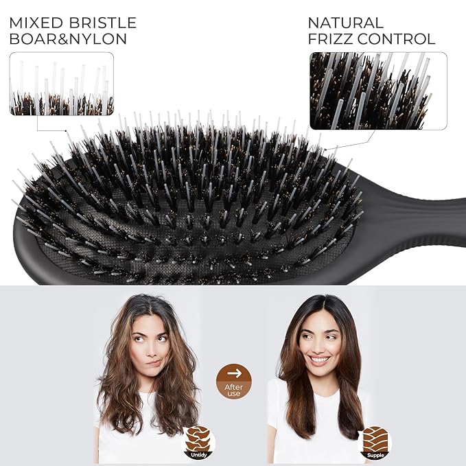 Eagle Fortress Boar Bristle Hair Brush for Women, Detangler Brush for Wet, Dry & Damaged Hair with Long Pins for Thick & Long Hair - Black
