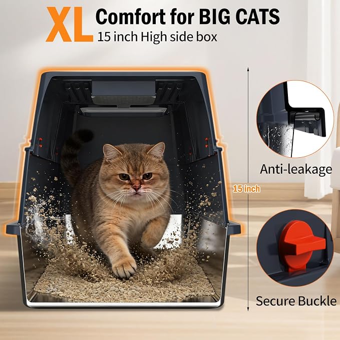 Stainless Steel Litter Box with Lid, Enclosed Metal Litter Box, Extra Large Kitty Litter Pan Covered with Scoop & Pedal, Odor Control, Odor Free, Front & Flip-Top Entry, Black
