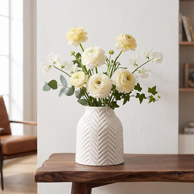 hjn White Vase for Flowers Ceramic Vase for Decor, Modern Decorative Vase, Vases for Your Kitchen/Office/Living Room/Bookshelf/Mantel - White Texture(Small)