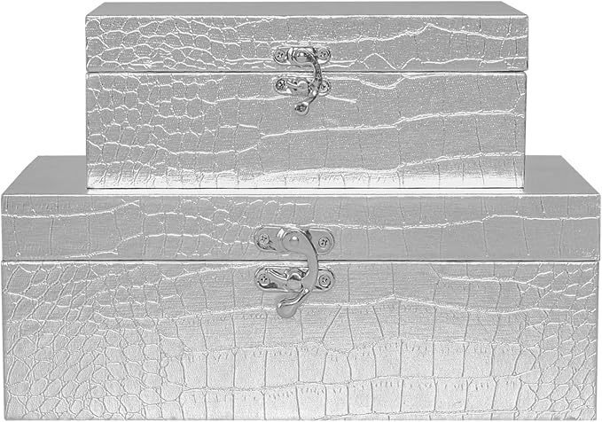 Set of 2 Wooden Decorative Nesting Storage Boxes, Silver Crocodile Leather with Clasp for Home Kitchen Living Room, Ideal Gift for Wedding Memories Jewelry Trinket