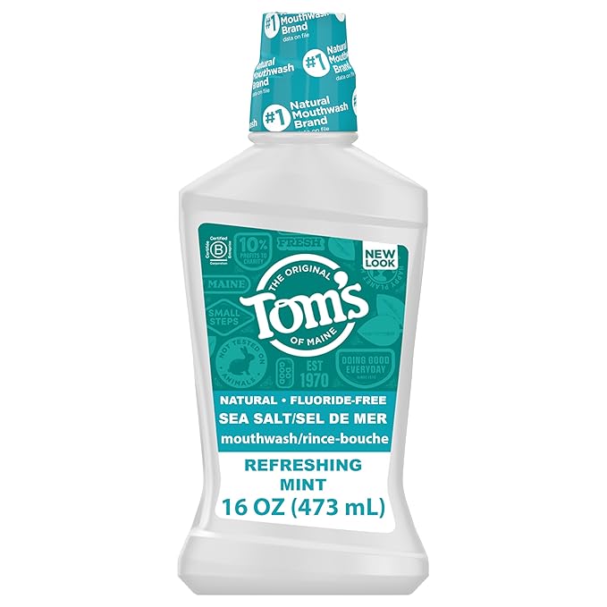 Tom's of Maine Sea Salt Natural Alcohol-Free Mouthwash, Refreshing Mint, 16 Fl Oz (Pack of 6)(Packaging May Vary)