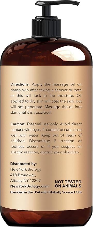 New York Biology Anti Cellulite Massage Oil 8 Fl Oz – Made with 100% Natural Oils – Body Oil for Massage Therapy, Muscle Relaxation and Deep Tissue - Pack of 2