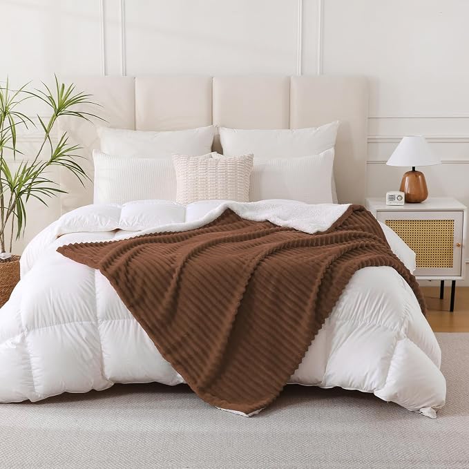 Chocolate Sherpa Fleece Throw Blanket 60”×80”for Couch Sofa Bed | Double Side Soft Fuzzy Cozy Plush Thick Flannel Blanket with Striped Design Gift for Adults,Woman