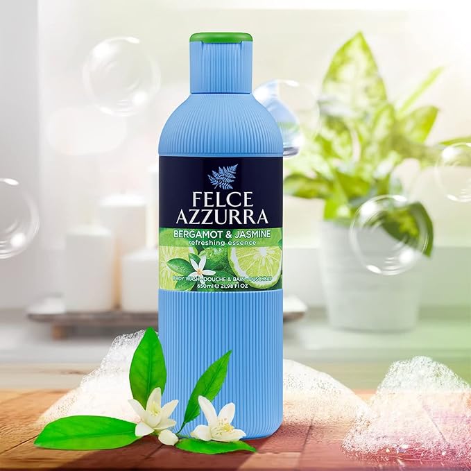 Felce Azzurra Bergamot And Jasmine - Refreshing Essence Body Wash - Enriched By Hints Of Amber And Cinnamon - Intense And Regenerating Fragrance - Naturally Moisturizes For Comfortable Skin - 1.69 Oz