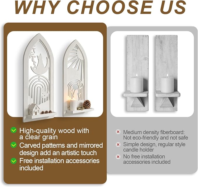 ZEXUIRU 2 Set Rustic Candle Sconces Living Room Bedroom Entryway Wood Mirrored, Farmhouse, Carved Frame Wall-Mount Wooden Candle Holders Wall Decor Hanging Handmade Holder - Distressed White
